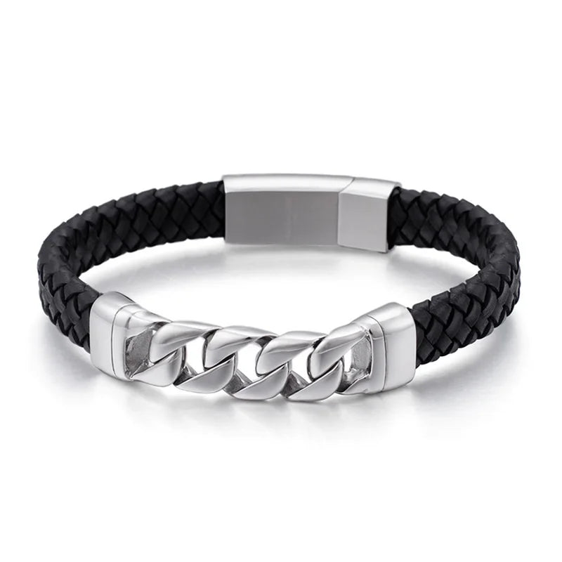 Titanium Steel Leather Woven Bracelet for Men