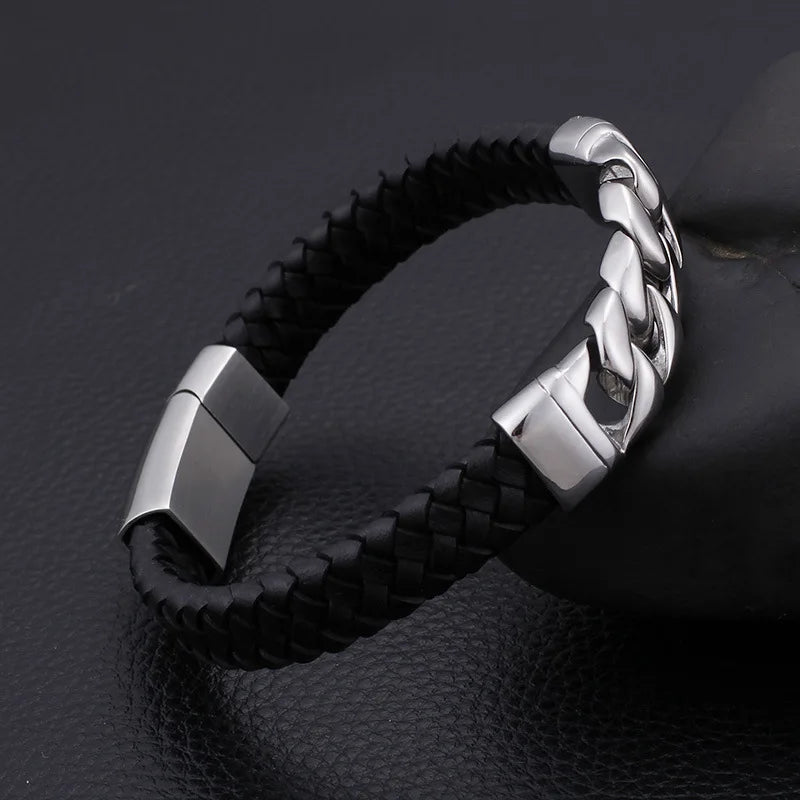 Titanium Steel Smooth Leather Bracelet, European American Design
