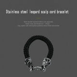 Leopard Head Bracelet Stainless Steel Punk Rock Leather Cord Bracelet