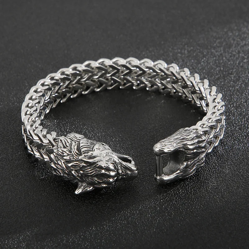 Wolf Head Double-Layer Titanium Steel Men's Bracelet