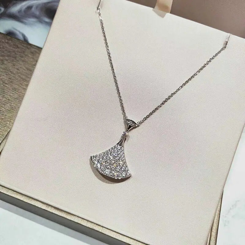 European 925 Silver Diamond Skirt Women's Necklace Fan-Shaped Pendant