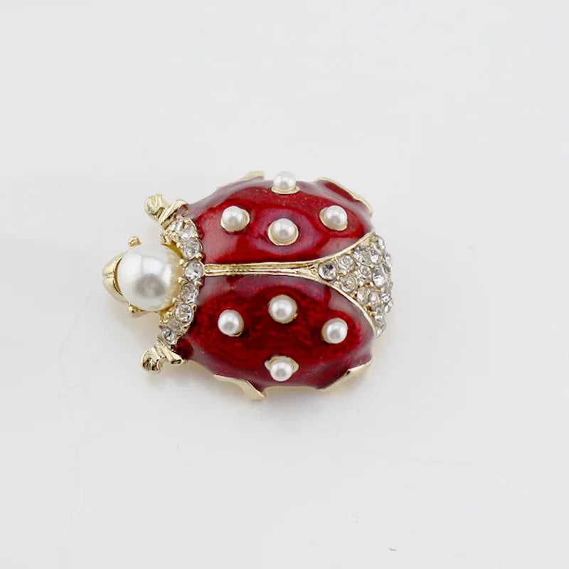 European Red Enamel Glaze Pearl Insect Brooch for Women