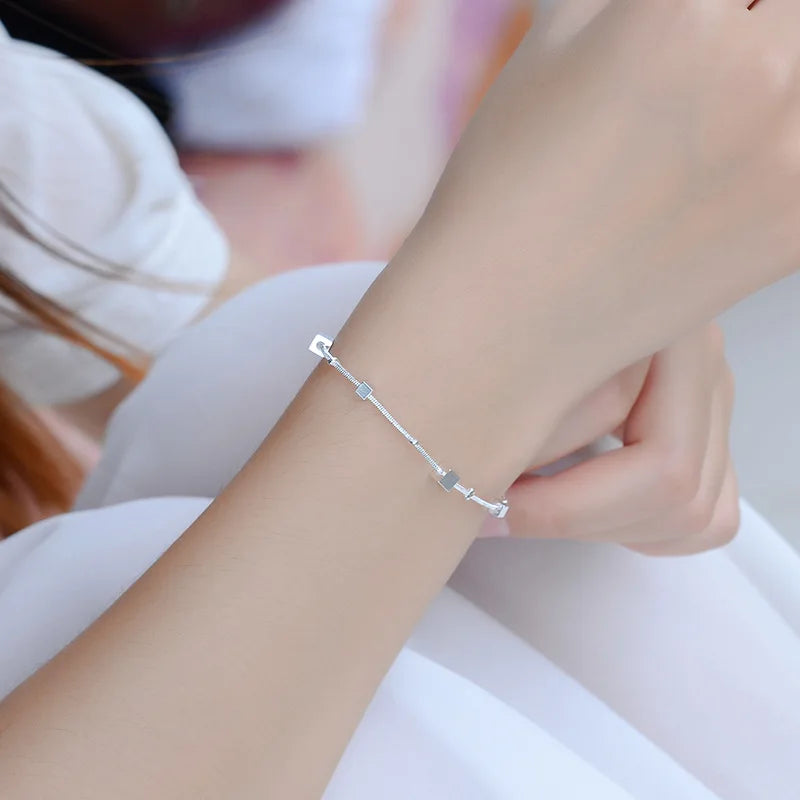 Charm Square Silver Anklets for Women 925 Bracelets Birthday Gift Summer