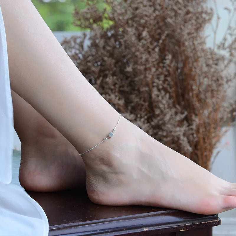 Silver 925 Bracelets For Girls Square Anklets Women Accessories