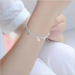 Female Clover Double Layer Anklets Silver 925 Bracelet