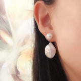 Sterling Silver Baroque Pearl Earrings 9mm/16-17mm Dangle Double Beads