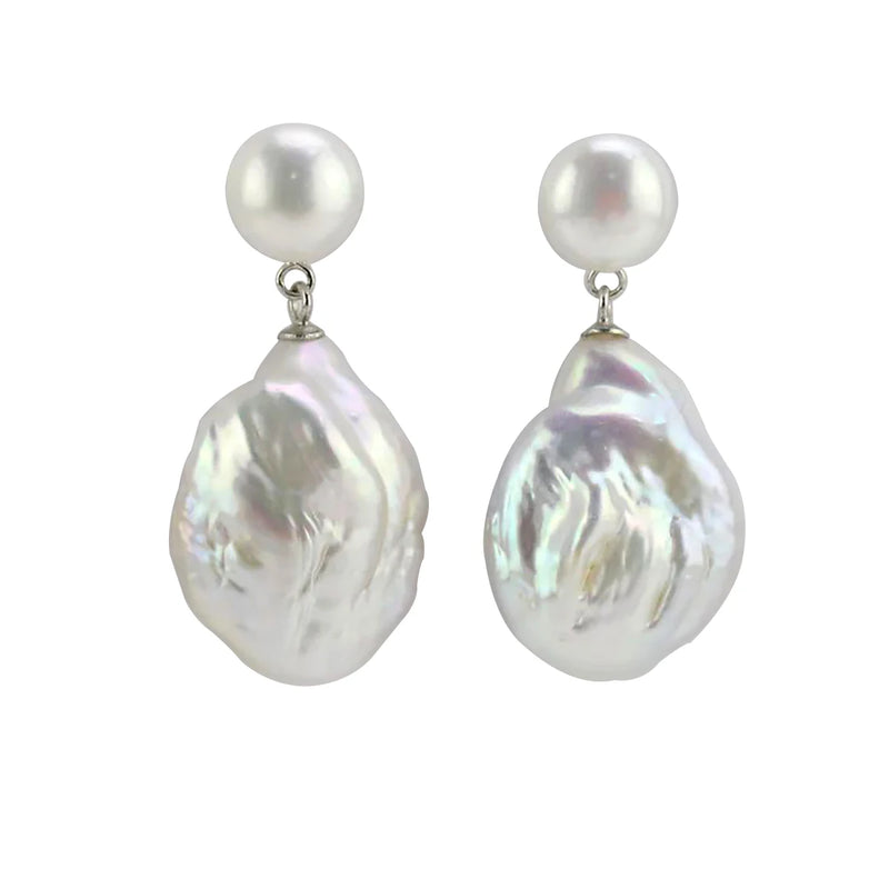 Sterling Silver Baroque Pearl Earrings 9mm/16-17mm Dangle Double Beads