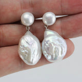 Sterling Silver Baroque Pearl Earrings 9mm/16-17mm Dangle Double Beads