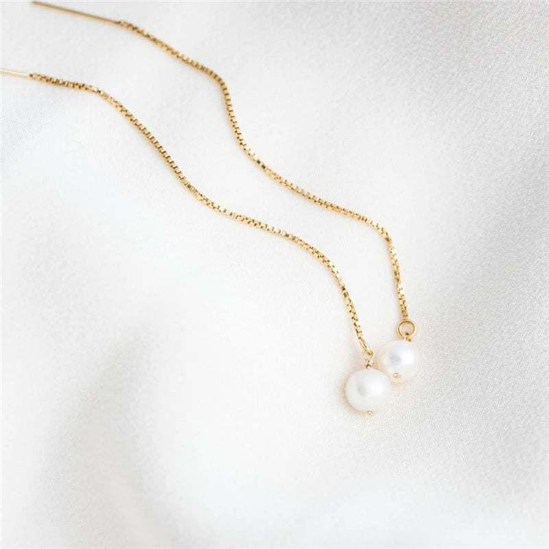Single Pearl Earrings 14K Filled Chain Boho Vintage Jewelry