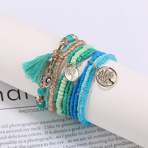 Evil Eye Bracelet Women Multilayer Beads Tassel Charm Bracelet Set