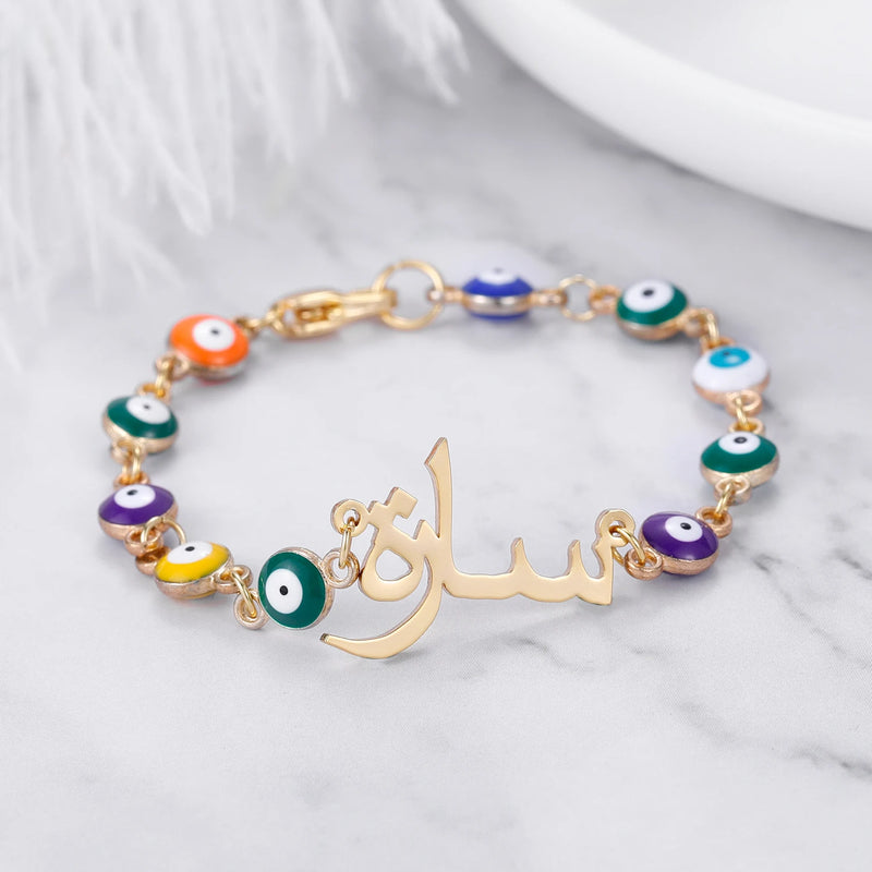 Evil Eye Chain Arabic Name Bracelet Women Personalized Steel Bangle