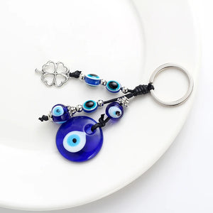 Evil Eye Clover Shape Charm Keychain with Blue Bead