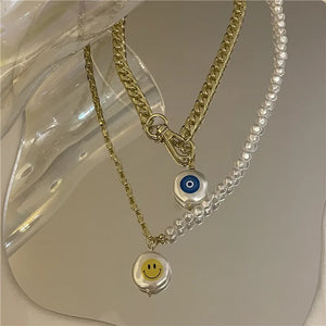 Evil Eye Smiley Pendant Beaded Necklace Vintage Goth