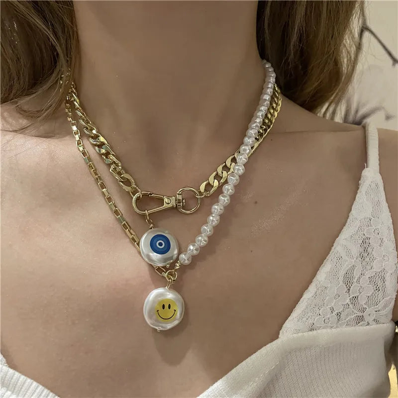 Evil Eye Smiley Pendant Beaded Necklace Vintage Goth