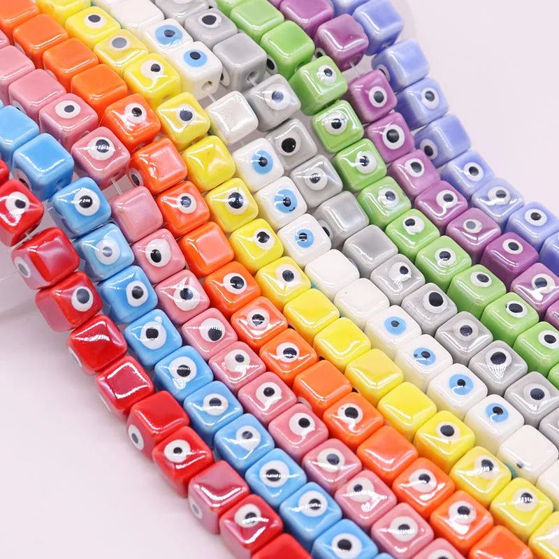 Colorful Evil Eye Square Ceramic Beads 10mm