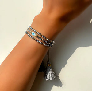 Evil Eye Beads Bracelet Women Elastic Crystal Beaded Wrap Tassel Bracelet