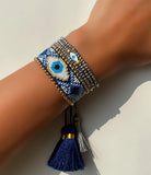 Evil Eye Beads Bracelet Women Elastic Crystal Beaded Wrap Tassel Bracelet