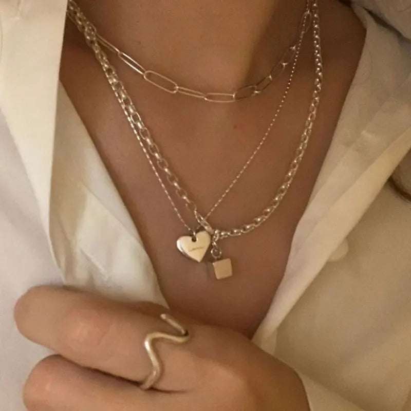 925 Silver LOVE Heart Necklace Punk Vintage Geometric Pendant