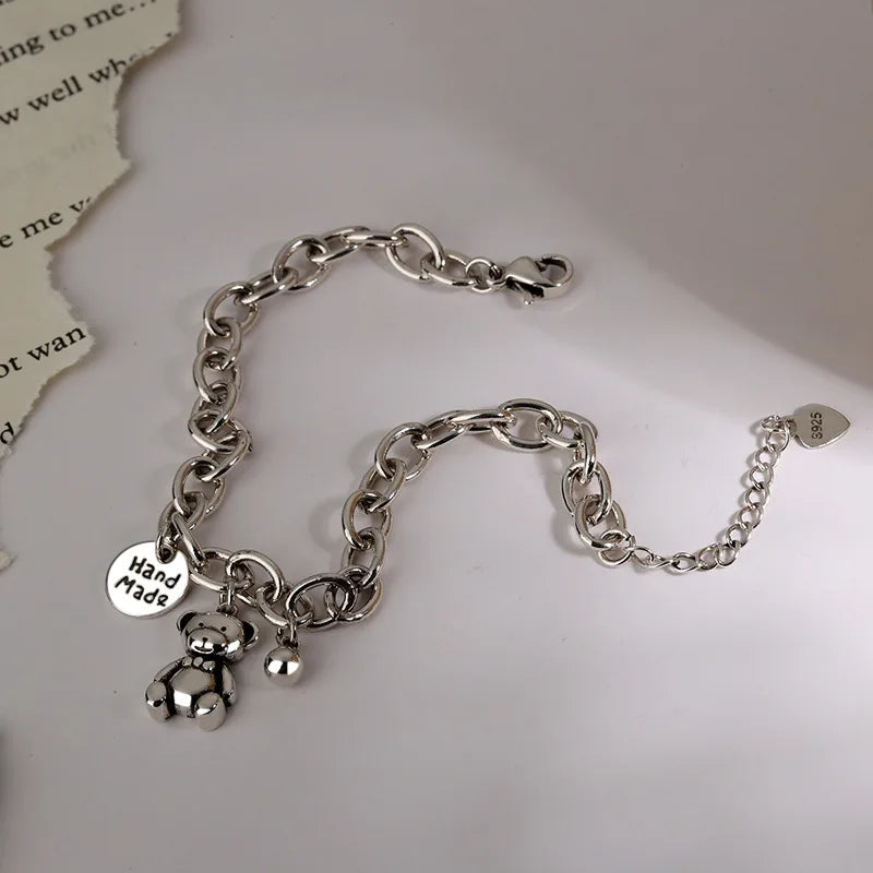 925 Silver Love Bear Charm Bracelet Retro Hip-hop Jewelry S-B532
