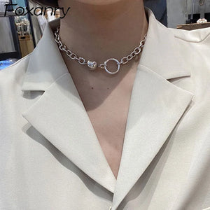 925 Silver Necklace Punk Rock Thick Chain Ball Geometric Choke