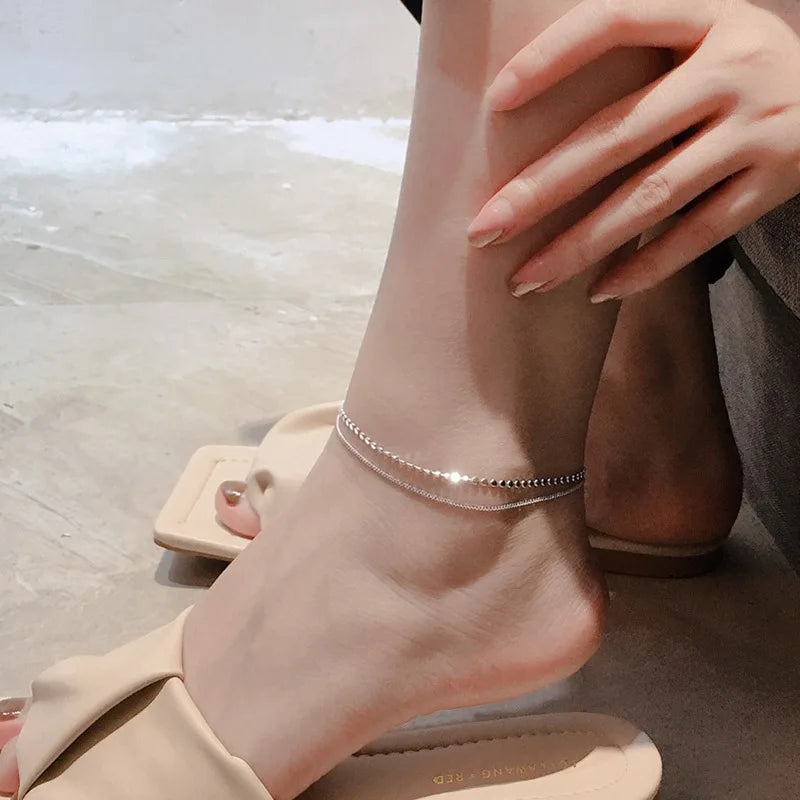 925 Silver Anklet Women Double Layer Chain Party Jewelry