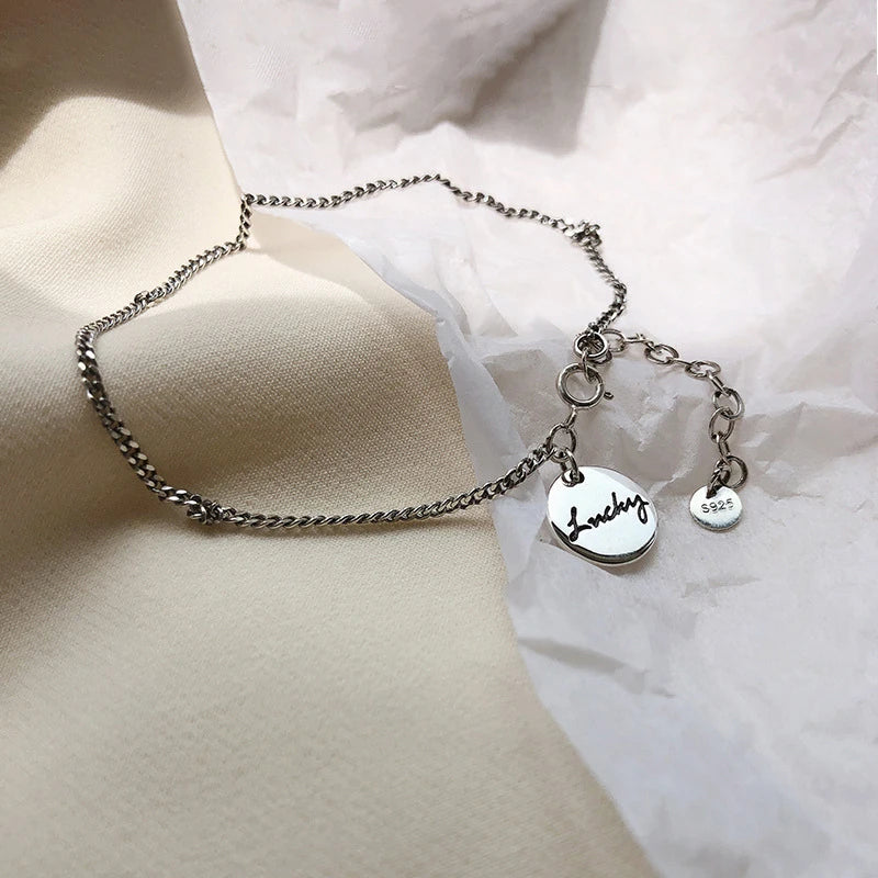 925 Silver Luck Round Disc Letter Anklet Women Retro Jewelry Gift