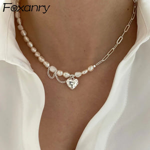 925 Silver Asymmetry Chain Necklace with Pearls & Heart Pendant