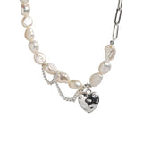 925 Silver Asymmetry Chain Necklace with Pearls & Heart Pendant