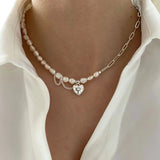 925 Silver Asymmetry Chain Necklace with Pearls & Heart Pendant