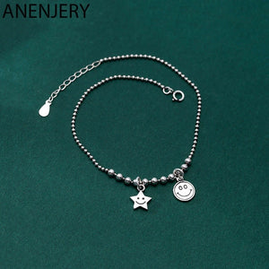 925 Silver Star Smiling Face Anklet Bracelet Chain For Women