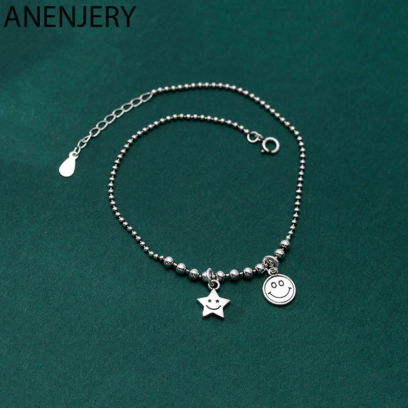 925 Silver Star Smiling Face Anklet Bracelet Chain For Women