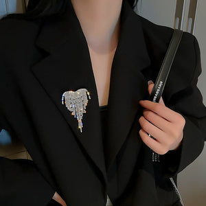 Exaggerated Zircon Love Heart Tassel Brooch for Women