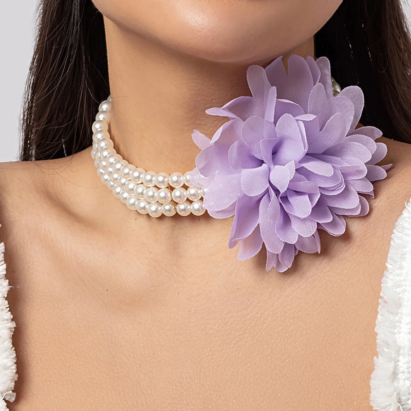 Big Rose Flower Pearl Choker Necklace Romantic Clavicle Chain Y2K