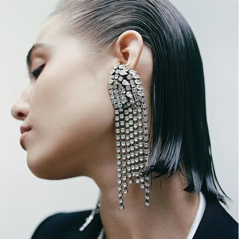 Bling Rhinestone Tassel Dangle Earrings for Women Jewelry