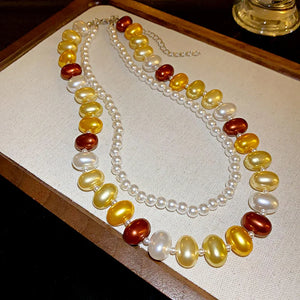 Colorful Pearl Beaded Necklace Double Layer Chain Necklaces for Women