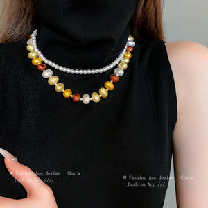 Colorful Pearl Beaded Necklace Double Layer Chain Necklaces for Women