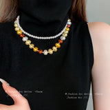 Colorful Pearl Beaded Necklace Double Layer Chain Necklaces for Women