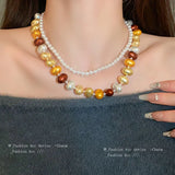 Colorful Pearl Beaded Necklace Double Layer Chain Necklaces for Women