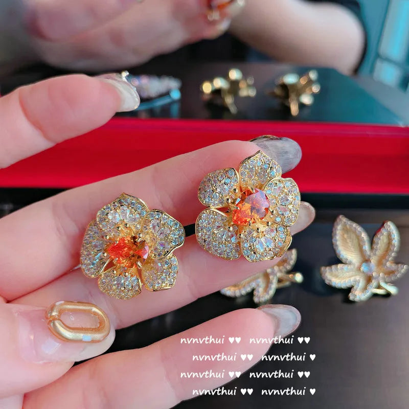 Big Flower CZ Stone Stud Earrings Crystal Earring Women Silver Jewelry