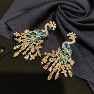 Sparkling CZ Peacock Earrings Vintage Boho Style