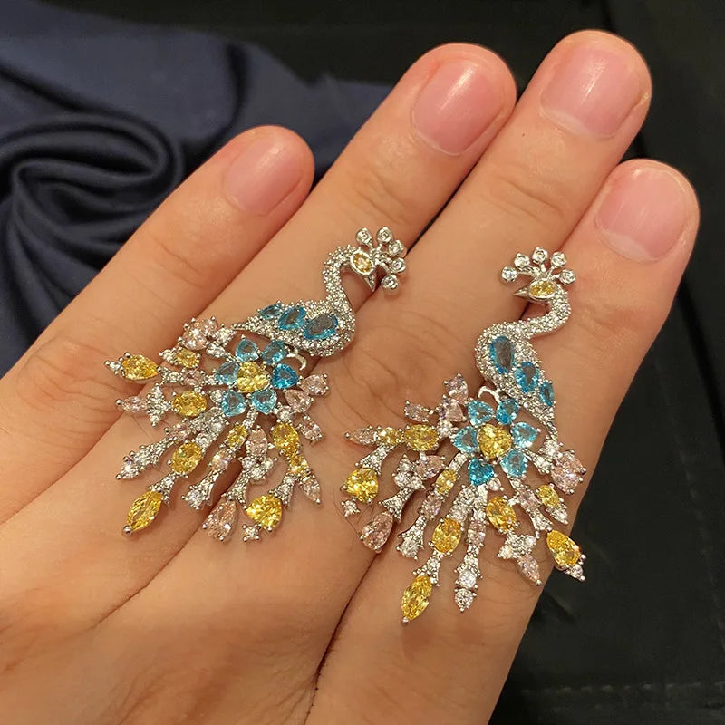 Sparkling CZ Peacock Earrings Vintage Boho Style
