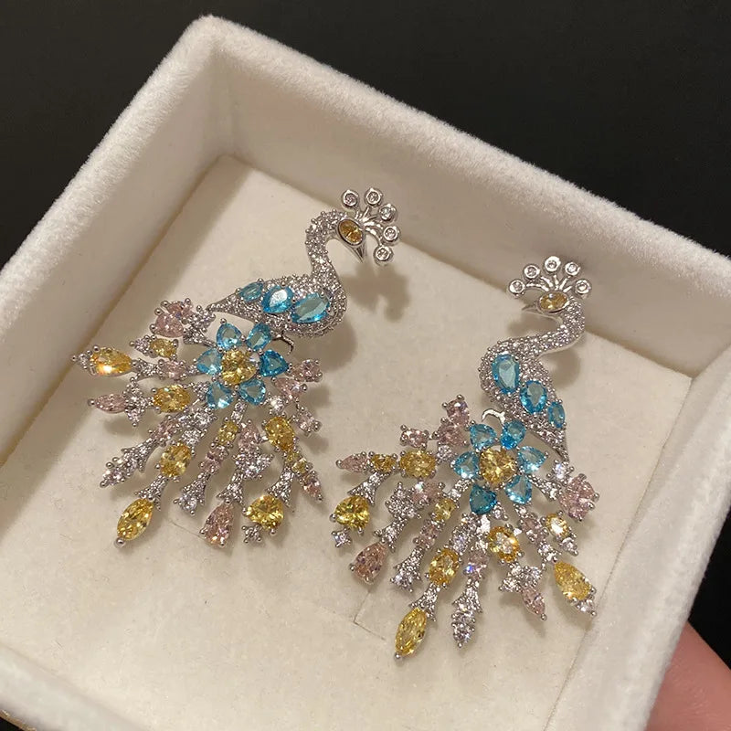 Sparkling CZ Peacock Earrings Vintage Boho Style