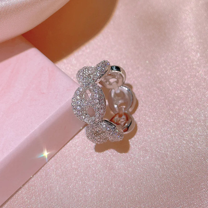 Exaggerated Full Diamond Zircon Ring & 925 Silver Two-color Line Cross Ring