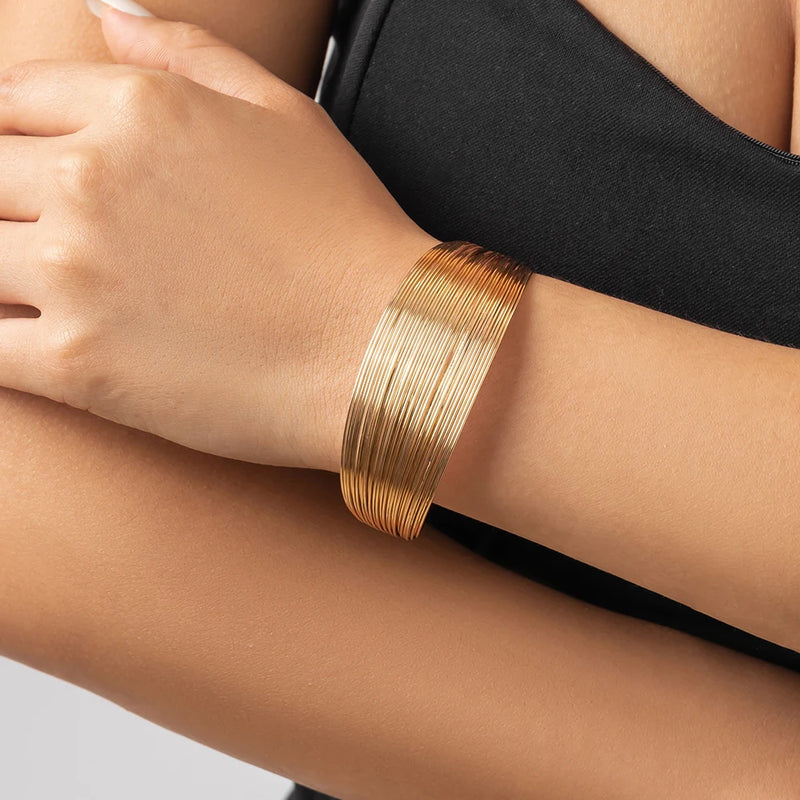 Exaggerated Goth Multilayer Metal Wire Open Cuff Arm Bangles for Women