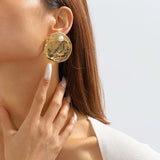 Heavy Metal Round Stud Earrings for Women Statement Punk Simulate Pearl Earrings