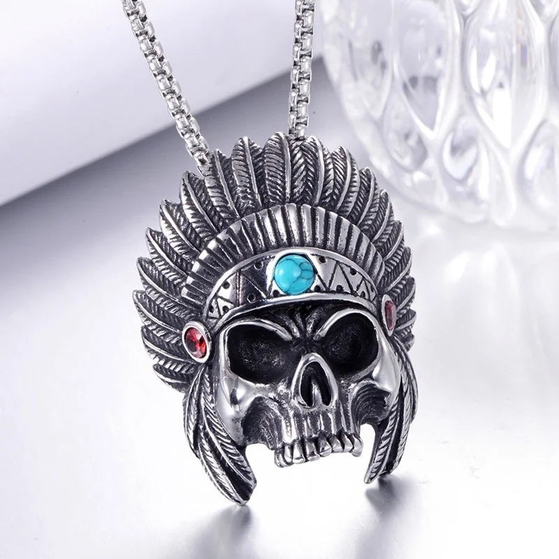 Indian Chiefs Skull Head Pendant Necklace Men's Necklace