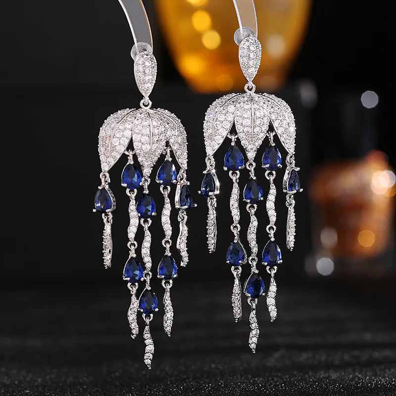 Long Tassel Drops Earrings Zircon Dangling Crystal Bling Jewelry
