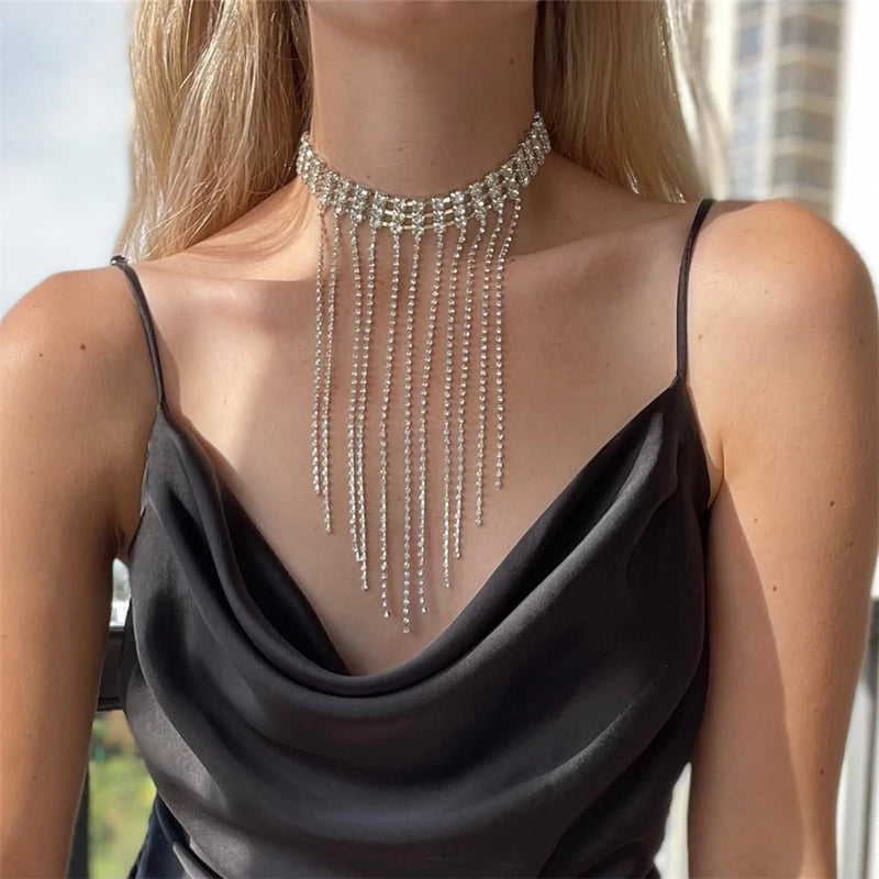 Exaggerated Rhinestone Clavicle Chain Tassel Necklace