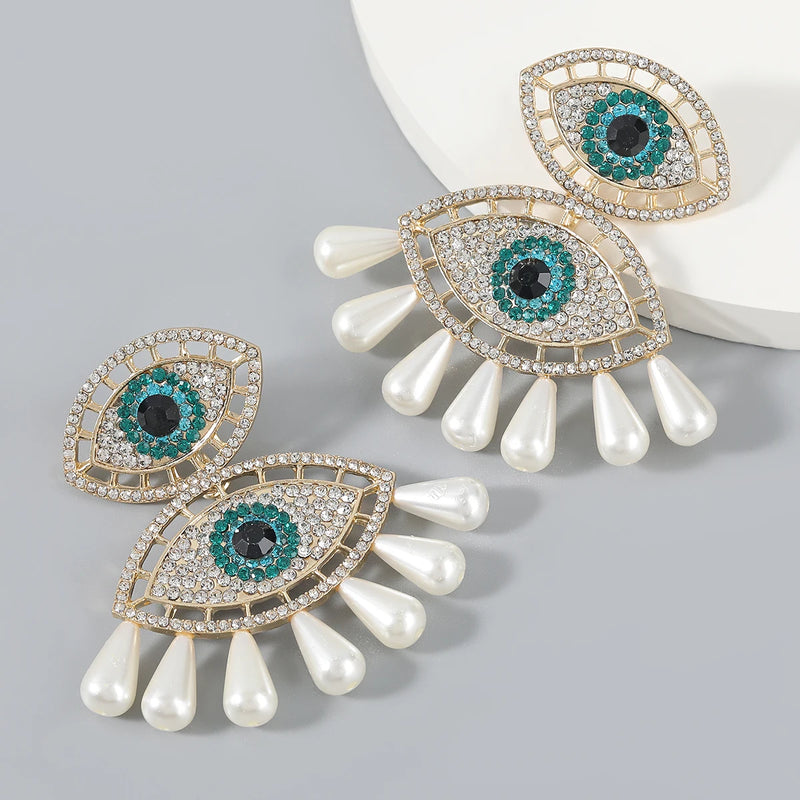 Metal Rhinestone Pearl Evil Eye Earrings