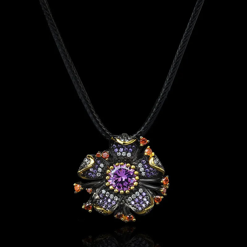 Exaggerated Flower Necklace Purple Zircon Jewelry for Women